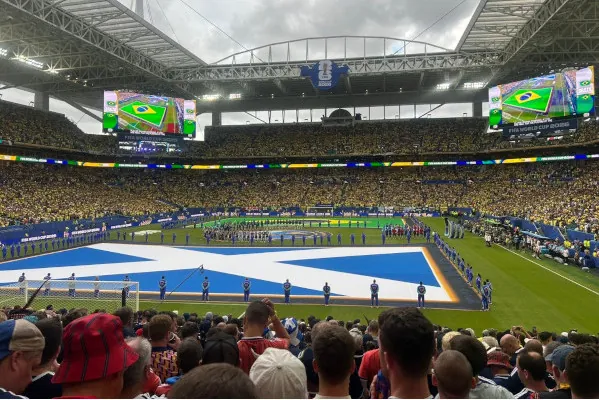 Brazil v Scotland in Miami. On pitch flags pre-kick-off