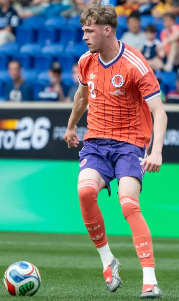 Tyler Fletcher Scotland v Bolivia. In possession of the ball.