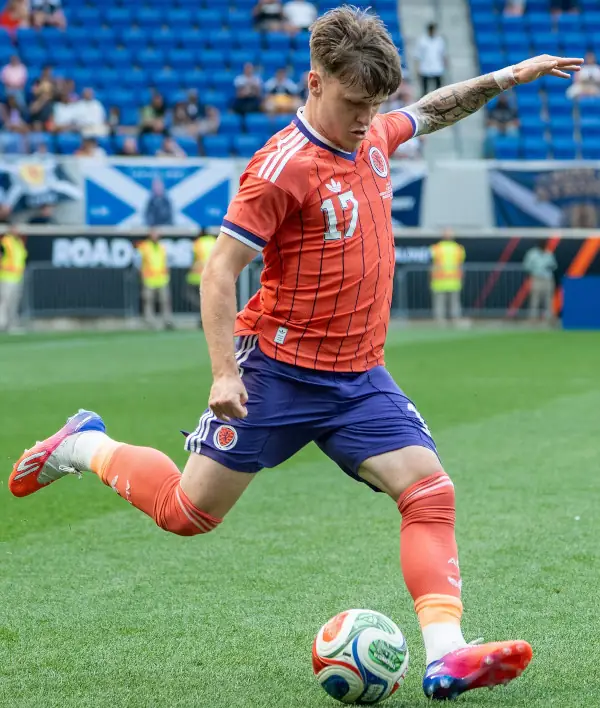 Ben Gannon-Doak Scotland v Bolivia. Shaping to strike the ball.