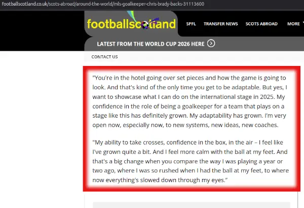 Football Scotland screenshot quoting Chris Brady self-attributing.