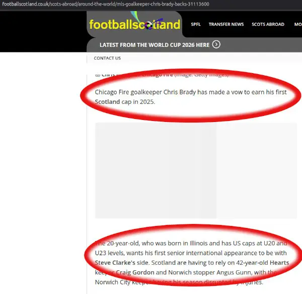 Football Scotland screenshot misleading claims Chris Brady vowed to earn a Scotland cap.
