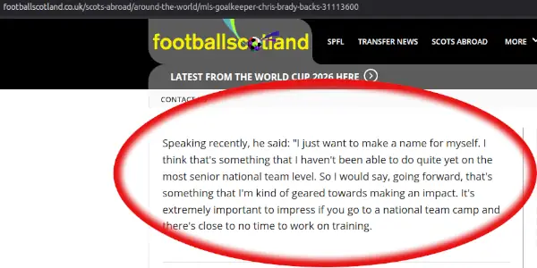 Football Scotland Screenshot quoting Chris Brady stating ambitions.