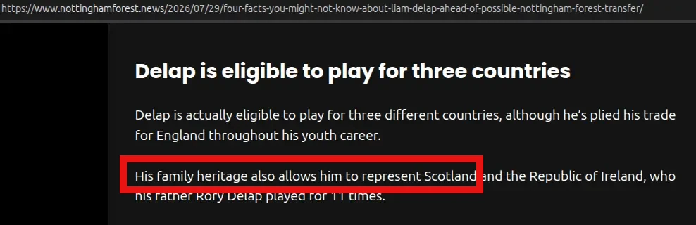 Screenshot of Nottingham Forest News article claiming Liam Delap is eligible for Scotland