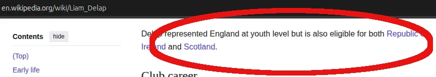 Screenshot of Liam Delap wikipedia page claim that Liam Delap is eligible for Scotland