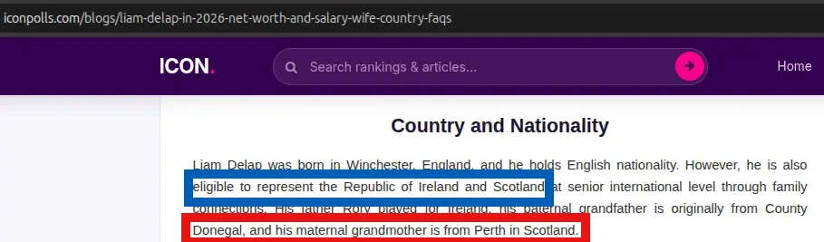 Screenshot of the iconpolls.com article text that claims Liam Delap is eligible for Scotland & has a maternal grandparent from Perth.