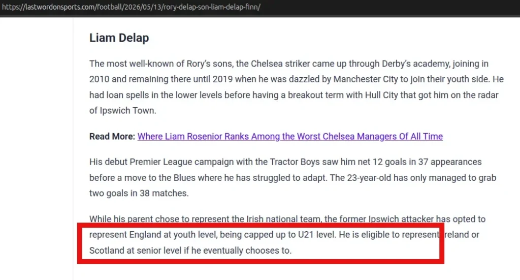 Screenshot of Last Word on Sport article claiming Liam Delap is eligible for Scotland