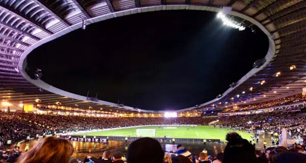 Floodlit Hampden Park in 2023.