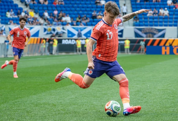 Ben Gannon-Doak Scotland v Bolivia. Shaping to strike the ball.
